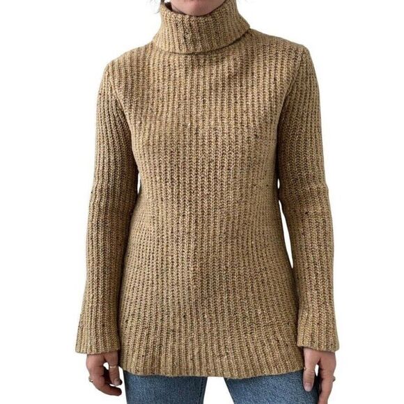 Vintage J Crew Womens Tan Brown Chunky 100% Wool Ribbed Turtle Neck Sweater Sz S - Picture 1 of 7